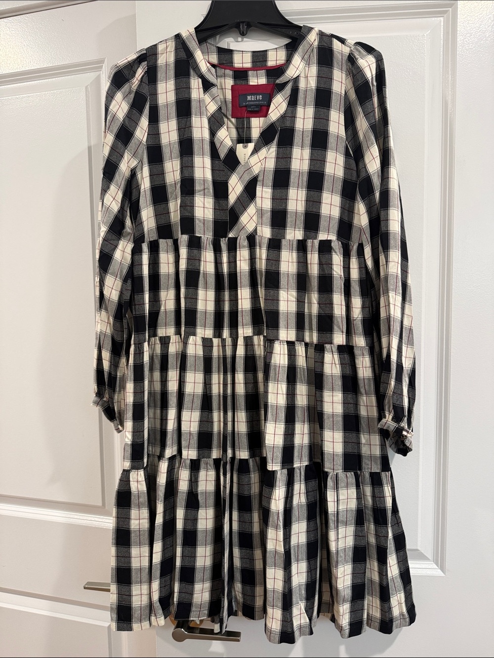 Maeve Black and White Plaid Tiered Dress